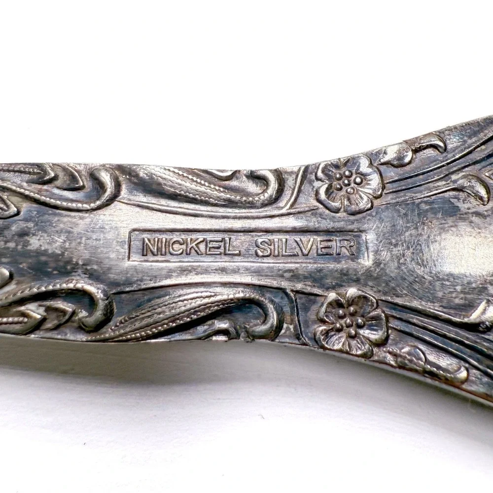 Floral Salad‎ Serving Fork & Spoon Set - Vintage 1920s-40s Nickel Silver Ornate